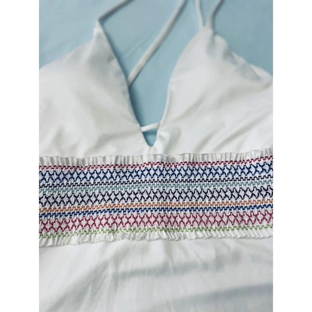 Bar III Swimsuit Womens Small White One Piece Smocked Waist Multicolor Trim Swim